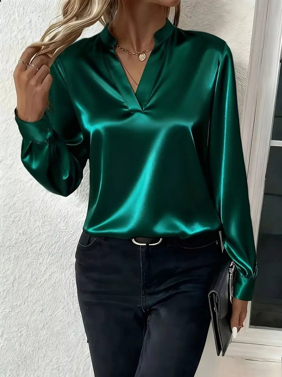 Notched Long Sleeve Blouse