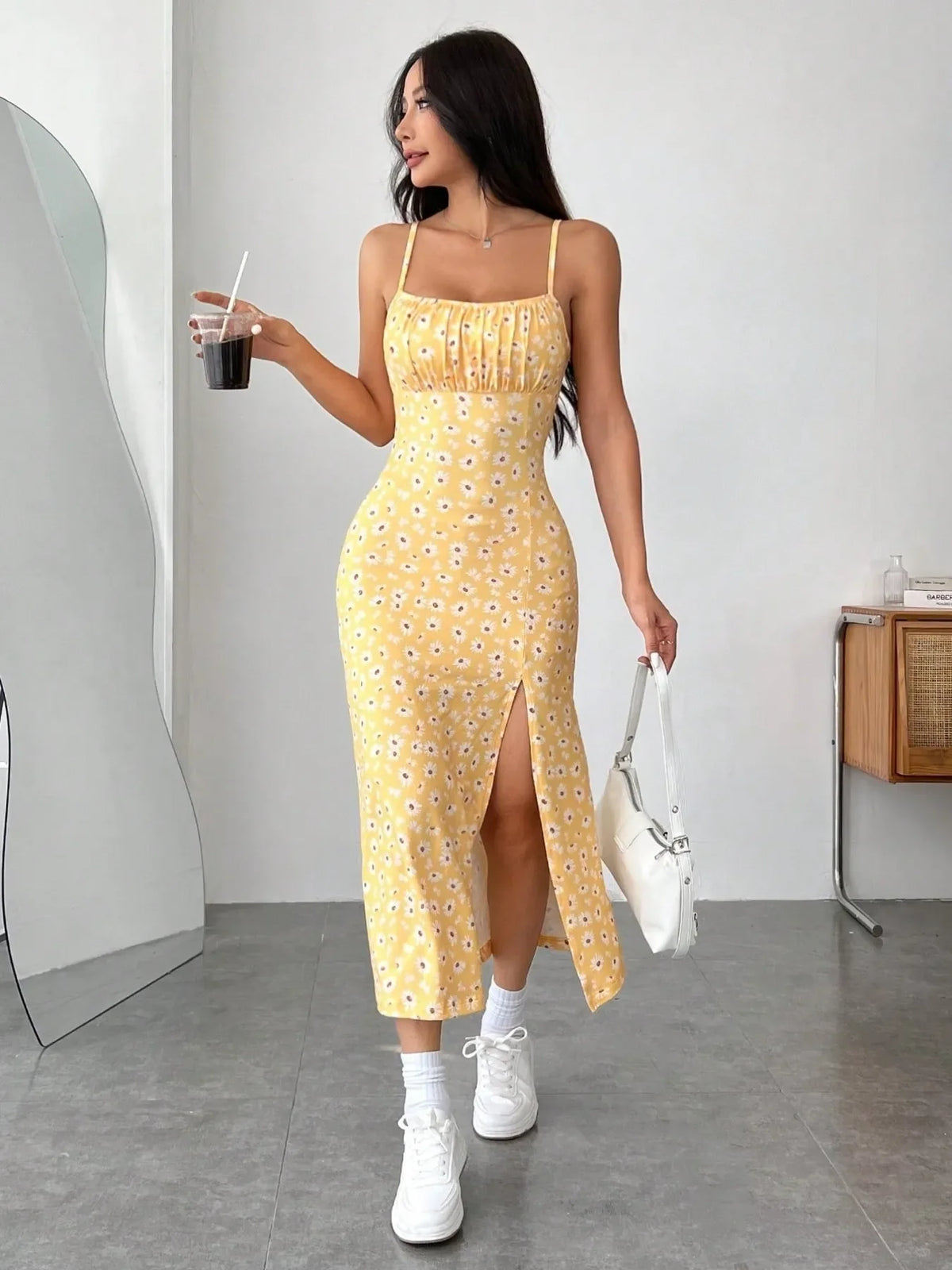 Slit Bodice Midi Cami Dress