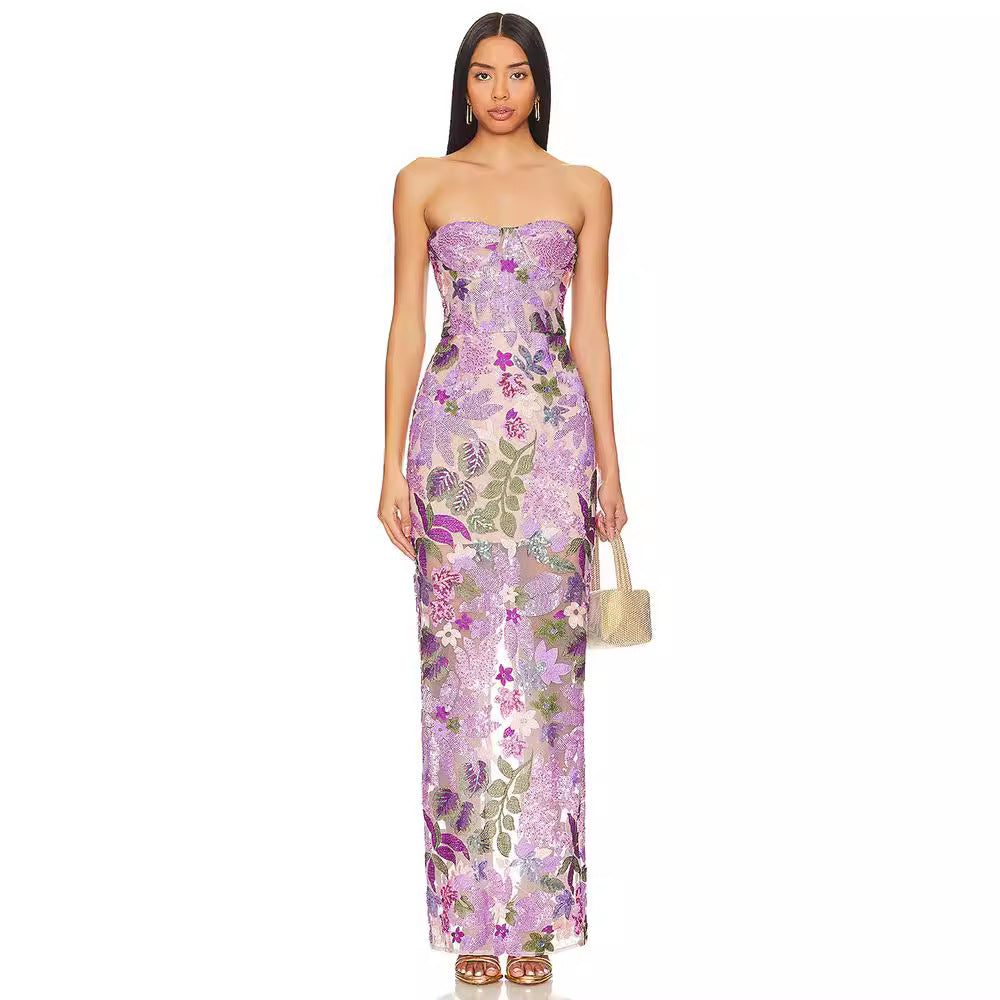 Female Purple Embroidered Sequins Bandeau Slim-fit Dress