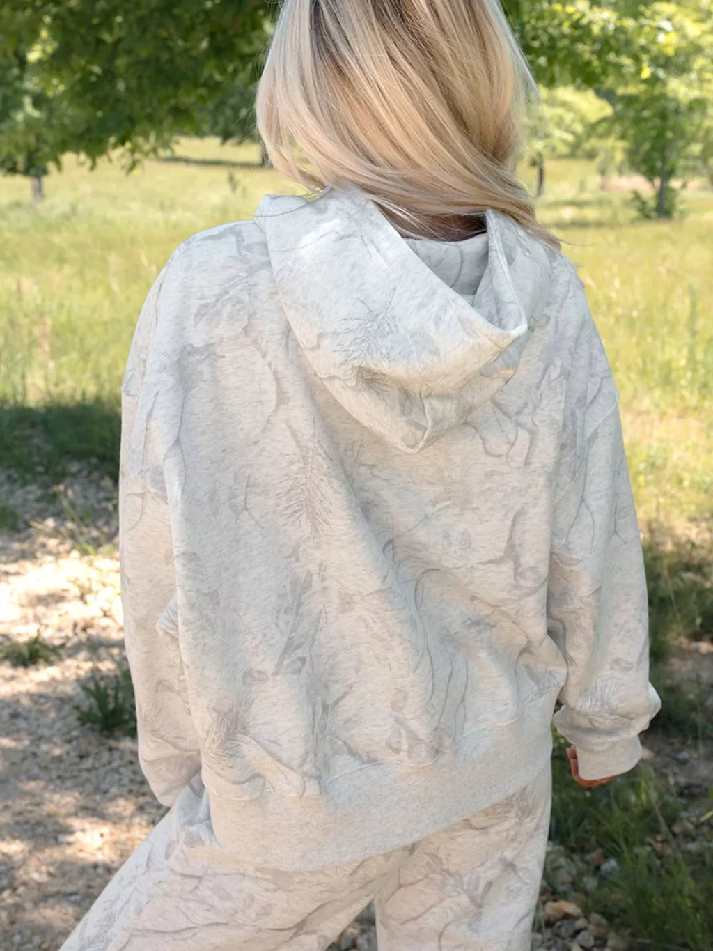 Marbled Print Loose Drop Sleeve Hoodie and Elastic Waistband Pants Set