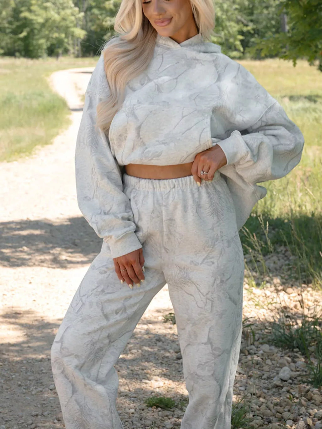 Marbled Print Loose Drop Sleeve Hoodie and Elastic Waistband Pants Set