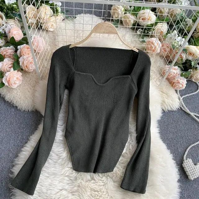 Women's Square Collar Knitted Pullover Sweater