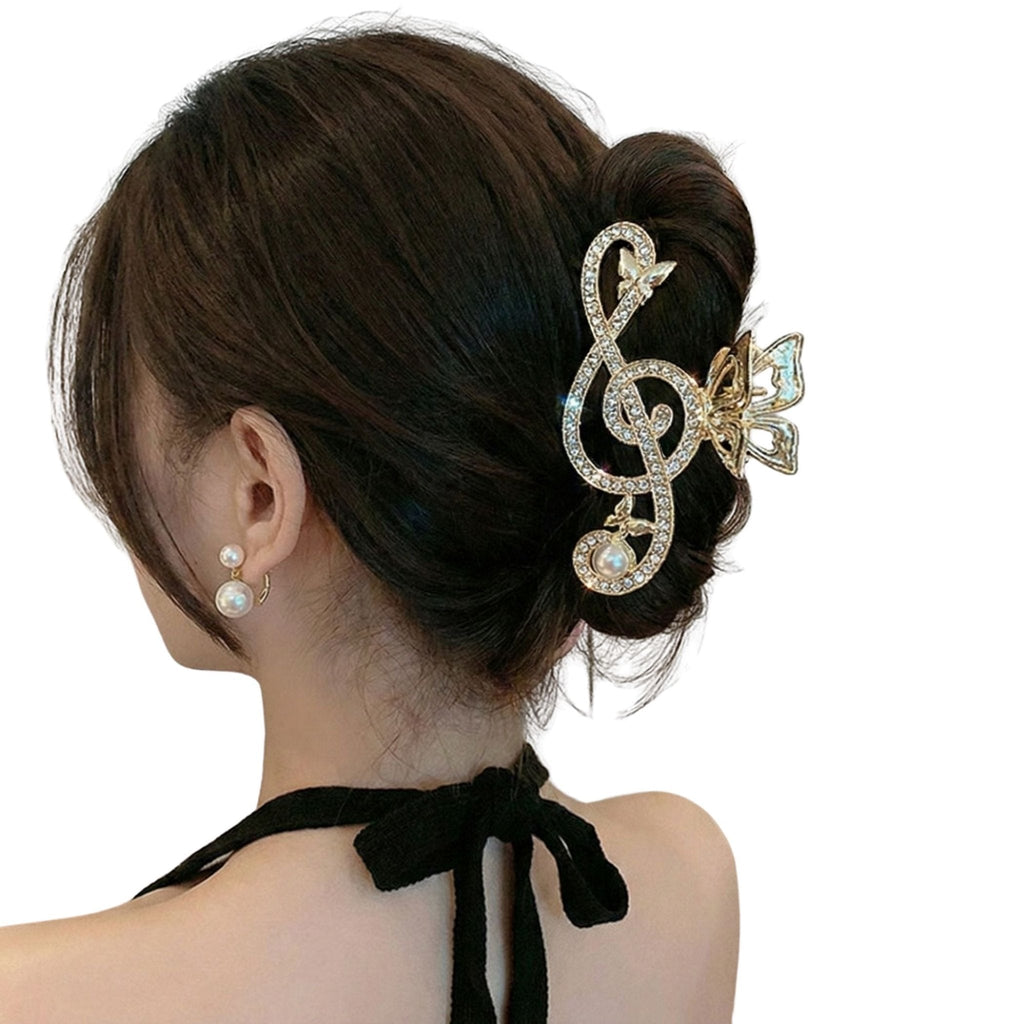 Treble Clef Hair Clip Sparkling Rhinestone Metal Gold Tone Butterfly Barrette for Music Lovers Formal Concert Wear