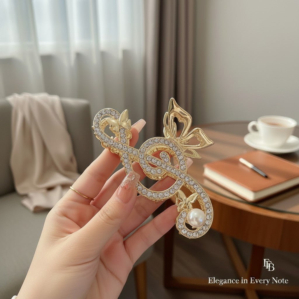 Treble Clef Hair Clip Sparkling Rhinestone Metal Gold Tone Butterfly Barrette for Music Lovers Formal Concert Wear