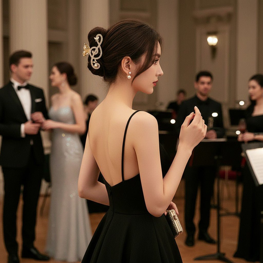 Treble Clef Hair Clip Sparkling Rhinestone Metal Gold Tone Butterfly Barrette for Music Lovers Formal Concert Wear